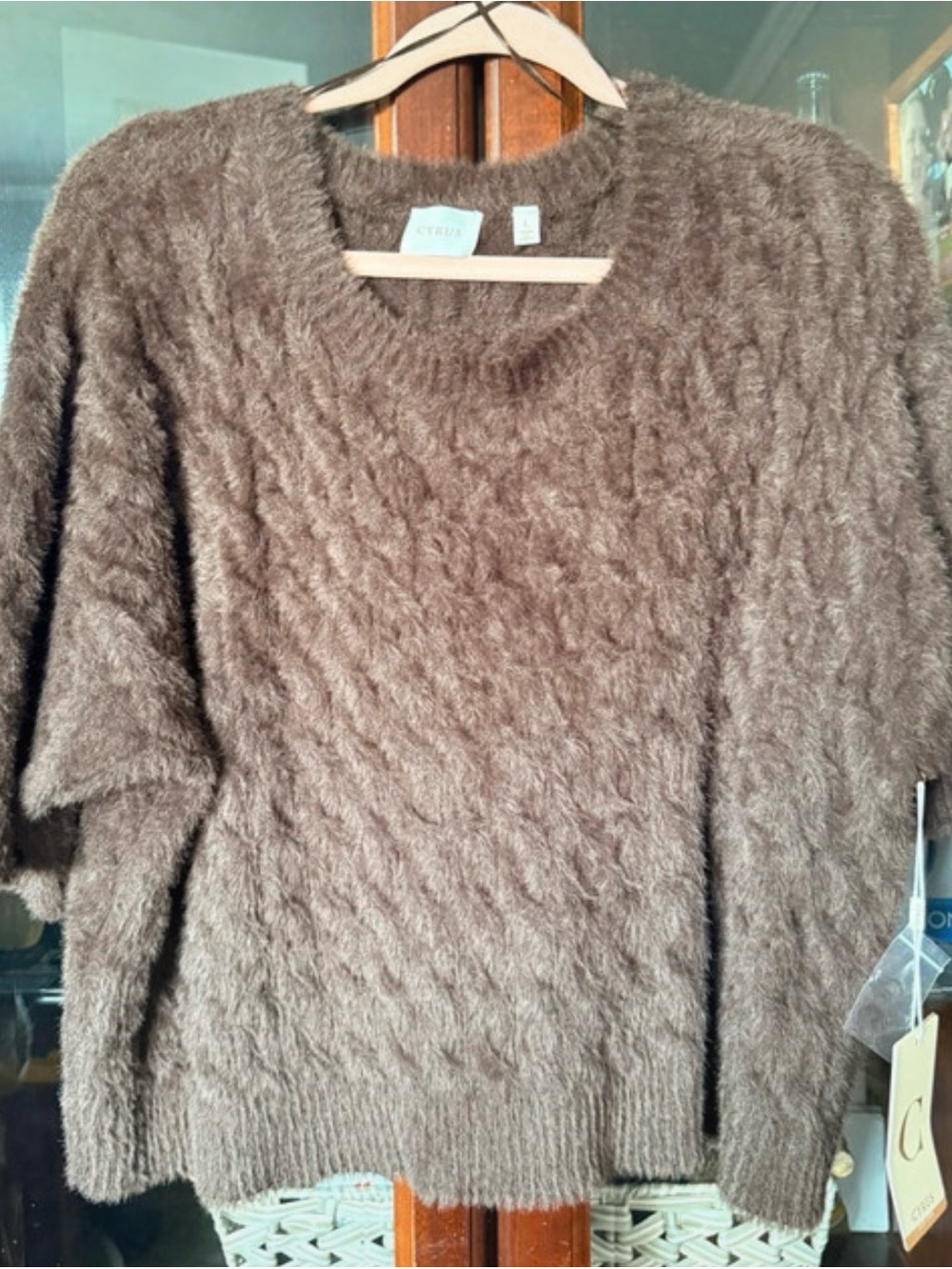 Cyrus Fuzzy Cable-Knit Taupe Crewneck Sweater
